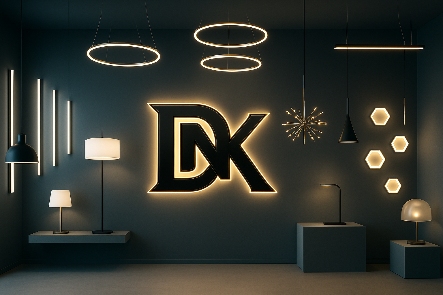 DNK Lighting showroom display featuring pendant, ring, linear and accent fixtures around the DNK monogram