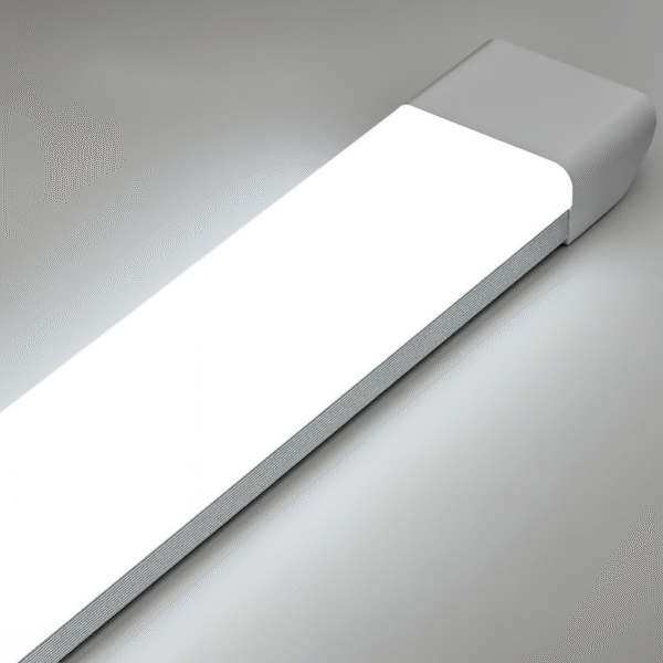 DNK 120W high brightness industrial hanging light with black aluminum reflector, labeled features including lens lamp bead, 220V voltage, and 120CM length, designed for factories, garages, and warehouses.