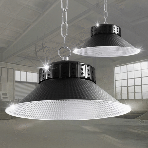 DNK 100W industrial high bay LED light with black aluminum heat sink and wide textured reflector, designed for factories, warehouses, and large indoor spaces